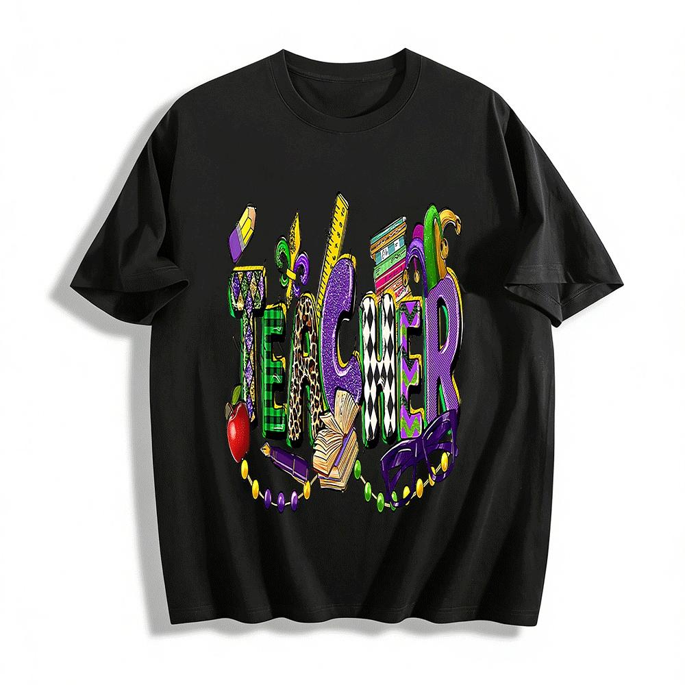 Mardi Gras Themed Teacher Print Casual Top Pure cotton T-shirt XXS