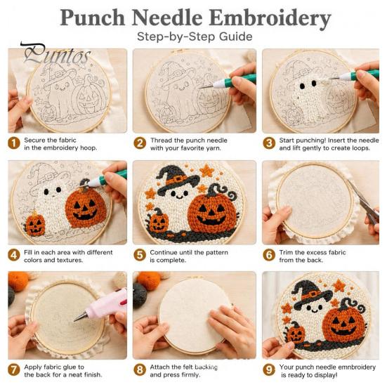 Holiday Gift for Craft Enthusiasts Halloween Punch Needle Kit, Pumpkin Ghost Kit with Complete Yarn Crafting Package Embroidery Hoop, Easy Art Project