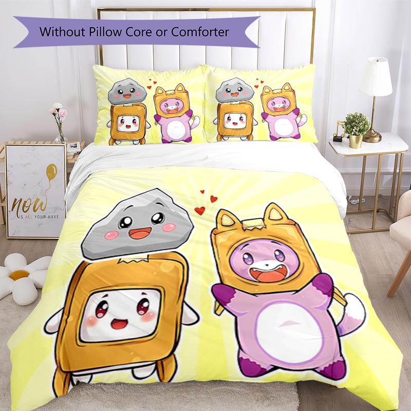 3pcs Lankybox Foxy and Rocky1 Pattern Bedding Set Duvet Cover Set Includes Duvet Cover &pillowcases, Perfect All Season Bedroom Decoration & Gift