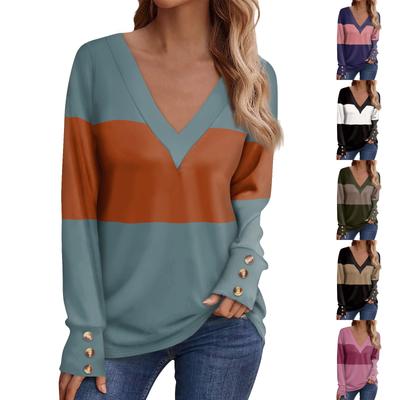 Ladies' Casual Long Sleeved V-neck Printed Decorative Button T-shirt Top