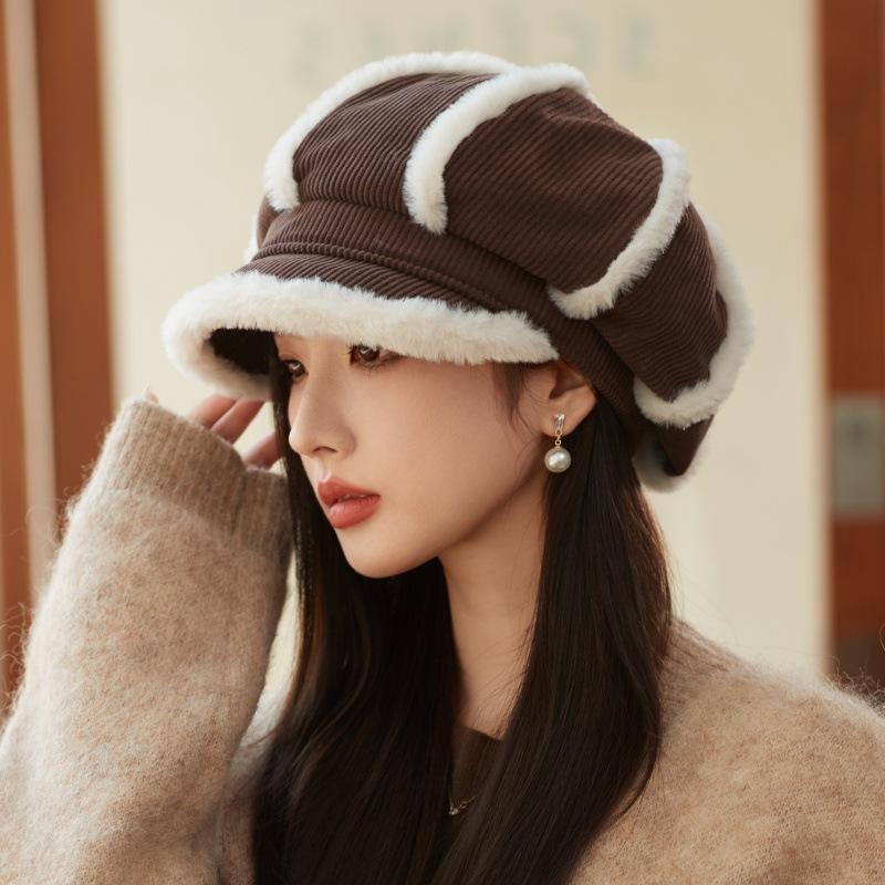 

Женский осенне-зимний берет, утолщенный, теплый, плюшевый, ветрозащитный, с ушками, вельветовая модная универсальная восьмиугольная шляпа one size темно-коричневого