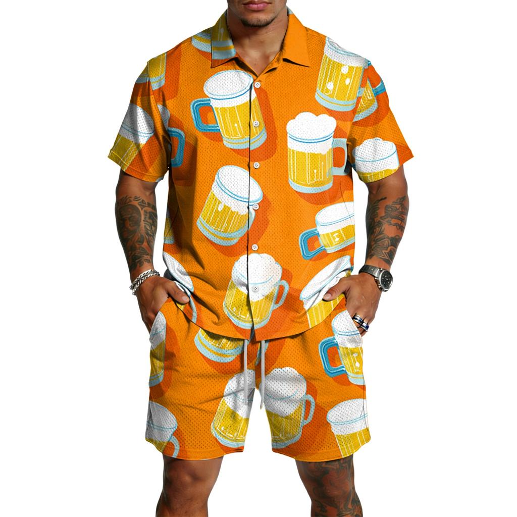 Men's Casual Short Sleeve Shirt and Shorts Set Beer Festival Print Lightweight Breathable Summer Outfit for Outdoor Activities