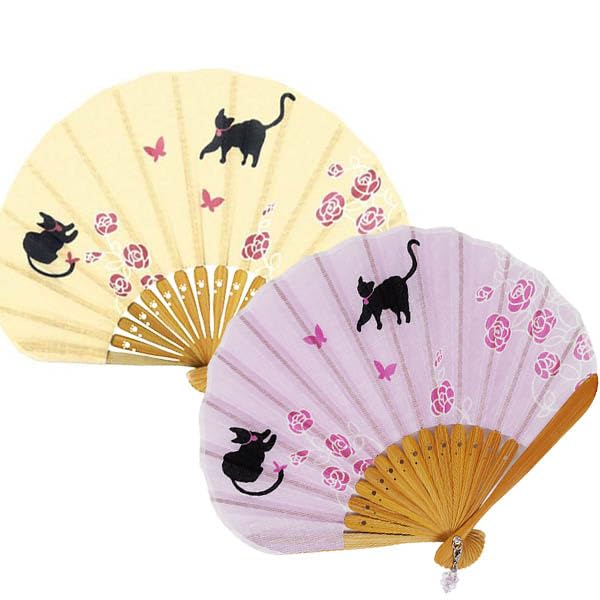 [Stylish Kimono Iroha] Cat and Butterfly Fan, Women's Fabric-Covered Fan (Yellow)
