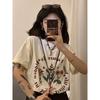 American Retro Print T-irt Women's Oversize f Sve Hong Kong Sle Chic Top Ins New Version ort Sve Cotton Summer