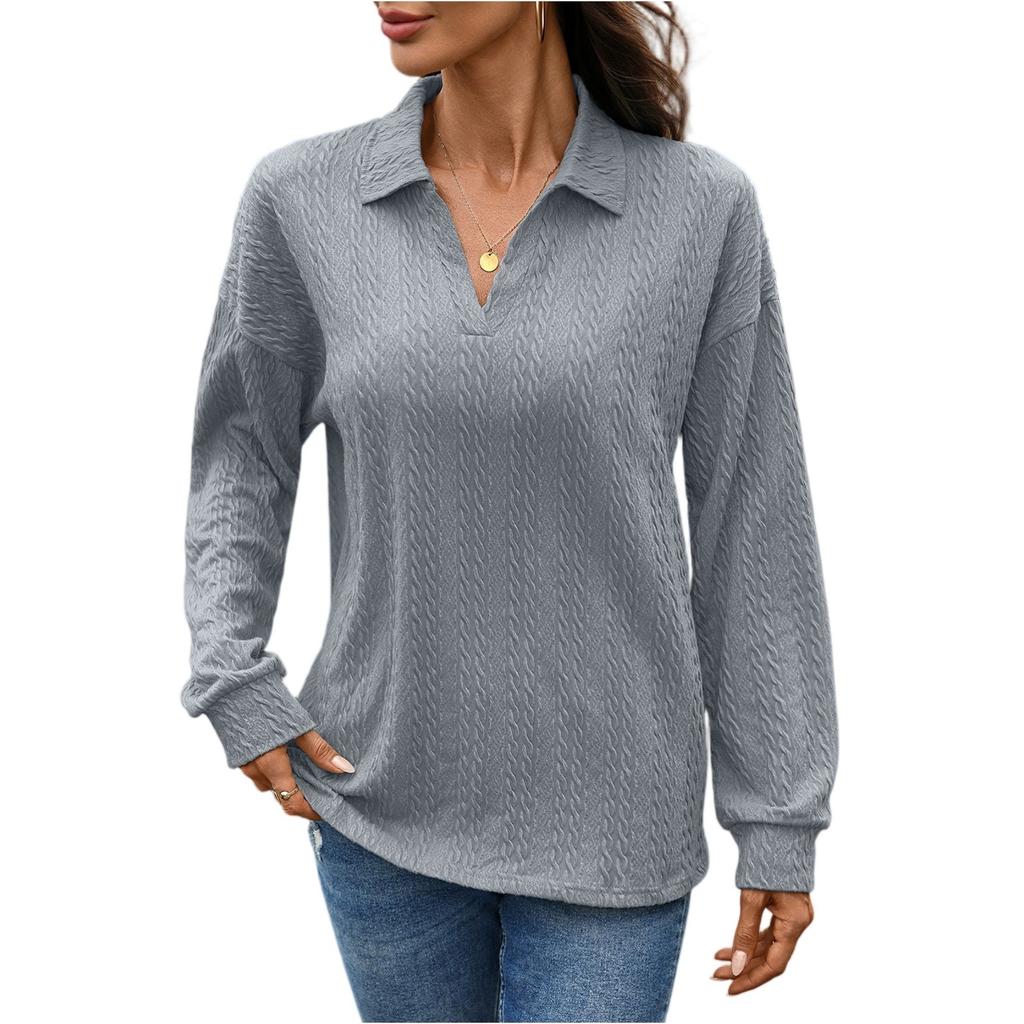 Damenmode Lässig Einfarbig Revers Locker Langarm T-Shirt Top