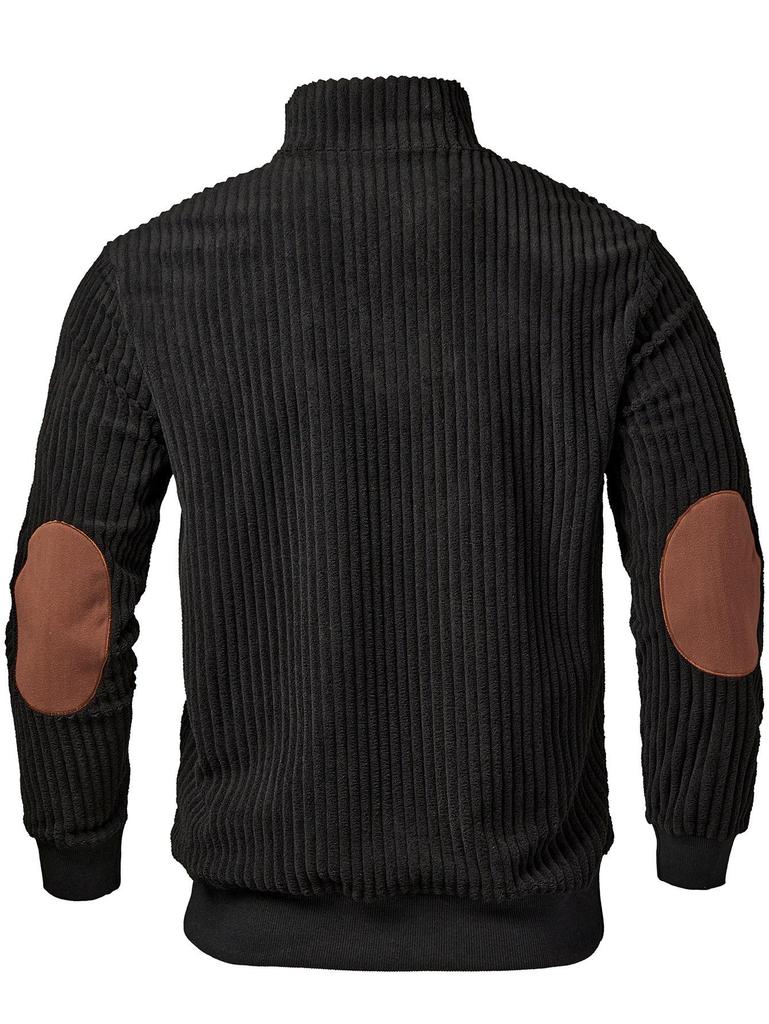 Men's Retro Stand-Up Collar Ribbed Pullover - Half-Zip, Warm Patchwork for Autumn/Winter Christmas Gift