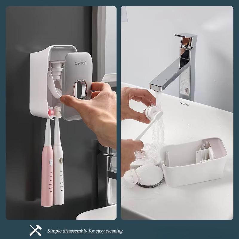HOMZY Automatic Toothpaste Dispenser Wall-Mounted Bathroom Toothpaste Squeezer Punch-Free Toothbrush Holder Rack Bathroom Acces