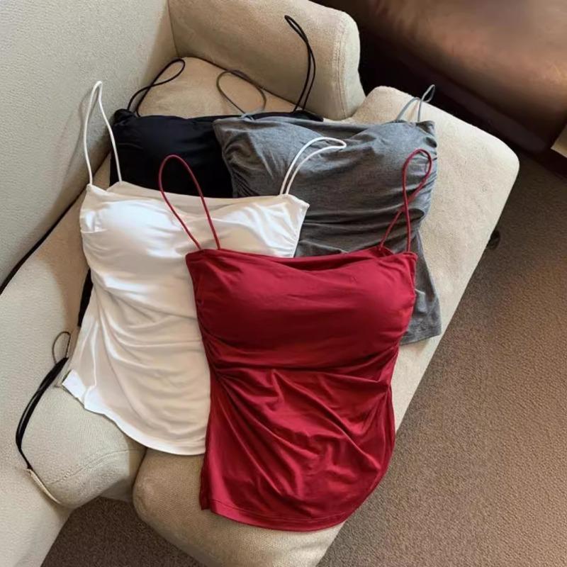 French Pure Sexy Spice Camisole Women Summer Pleated Slim-fit with Chest Thin Strap with Breast Pad Top