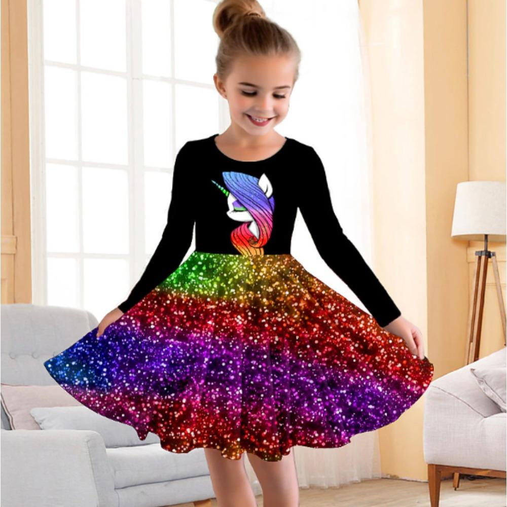 Girl Casual 3D Unicorn Pattern Print Round Neck Long Sleeve Dress Kid Princess Dress