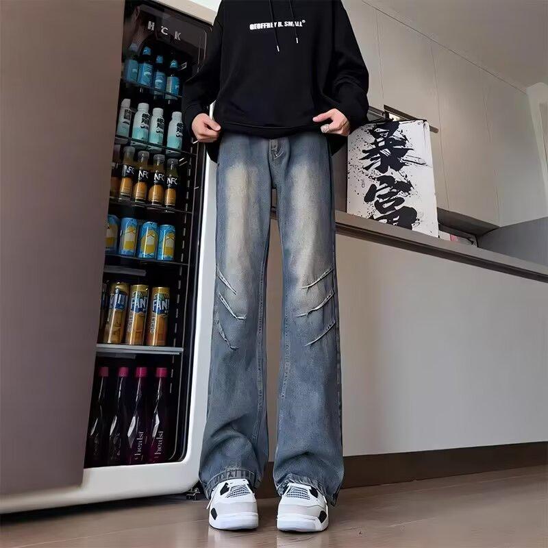 

Мужские американские ретро-рваные расклешенные джинсы со складками Small синий