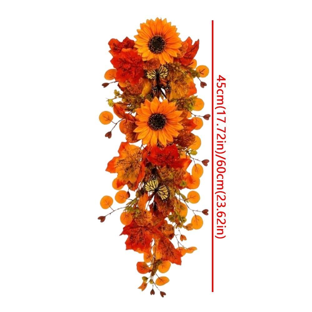 Lifelike Sunflower Wall Hanging Wreath with Butterfly Floral Maple Leaf Ornament  Front Door