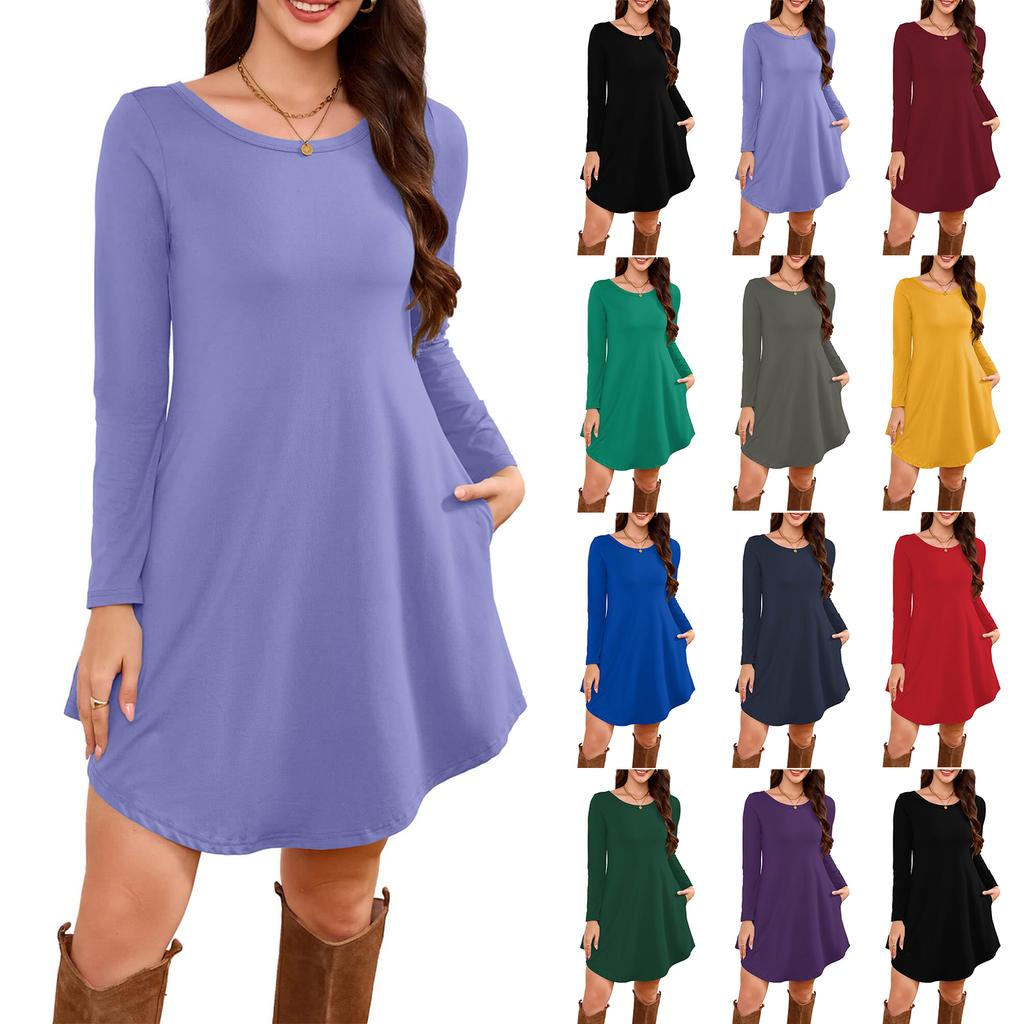 Women's Long-sleeved T-shirt Dress With Round Neck, Knee-length, Loose Fit, Casual And Pockets