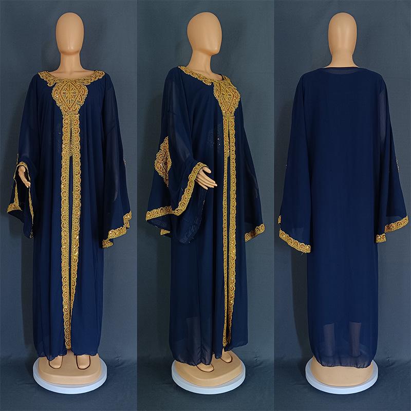 Embroidered Flared Sleeve Jalabiya with Gold Lace