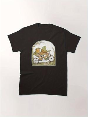Frog and Toad Riding Bicycle Graphic Tee Men Cotton Casual Short Sleeve TShirt Funny Cartoon Print Unisex
