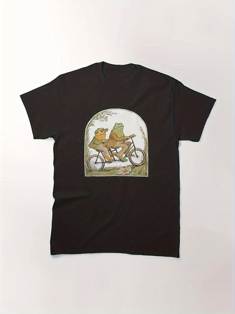 Frog and Toad Riding Bicycle Graphic Tee Men Cotton Casual Short Sleeve TShirt Funny Cartoon Print Unisex