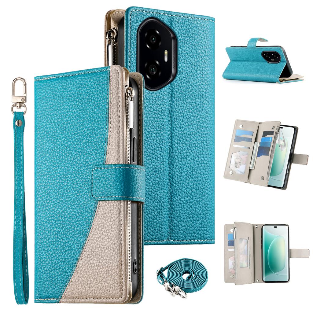 For Honor 300 Case Zipper Wallet Color Splicing Leather Flip Phone Cover with Straps