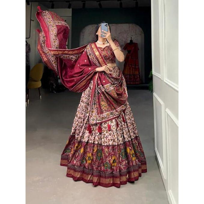 Dámská dokonale Kolekce Tussarové hedvábí Lehenga Choli Patola potisk s fóliovou prací, Nesešitá halenka,
