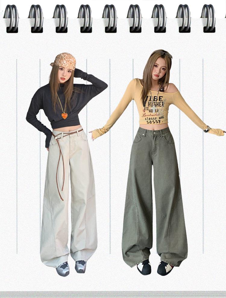 Army Green Retro High-Waisted Wide-Leg Cargo Pants for Women - Slimming and Loose Fit