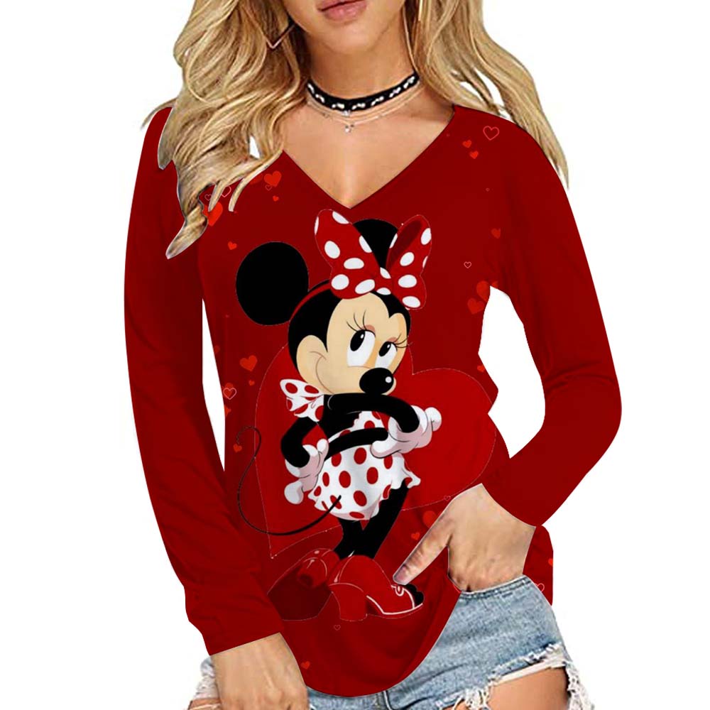 Disney Mickey Mouse Printed Women's Basic Long Sleeve Loose V-neck T-shirt Autumn/Winter 10 Color T-shirt Street Wear