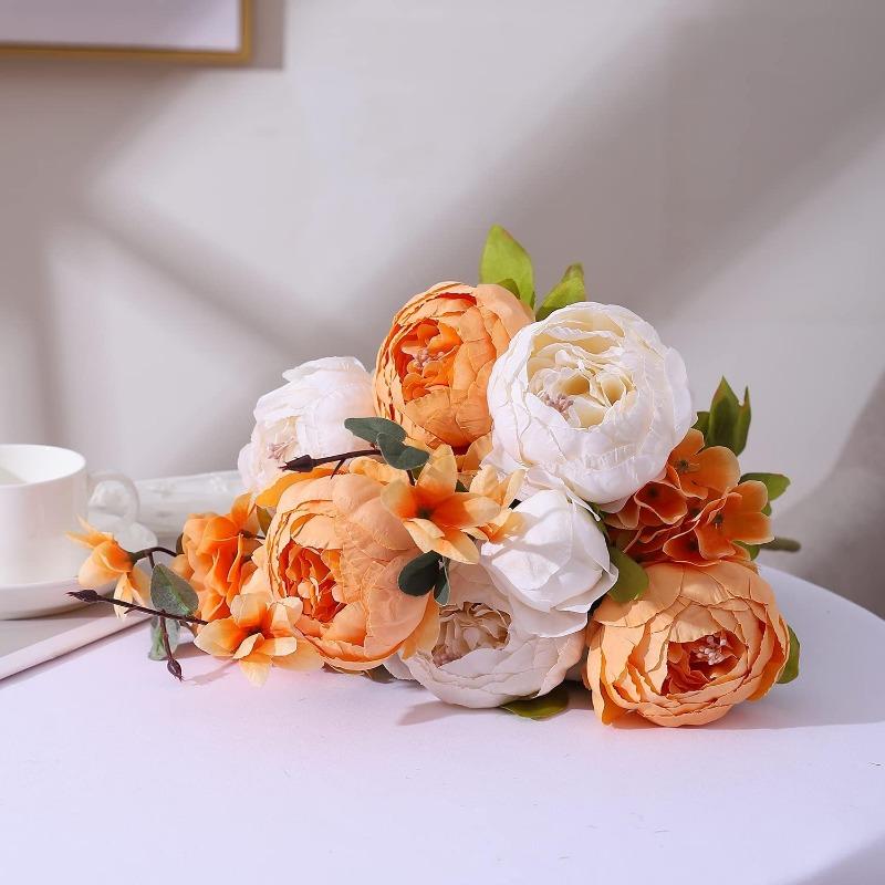 Faux Peony Bouquet 13 Heads Flowers Bud Vintage Artificial Peony 47cm Silk Flowers for Wedding Home Decoration,1pc