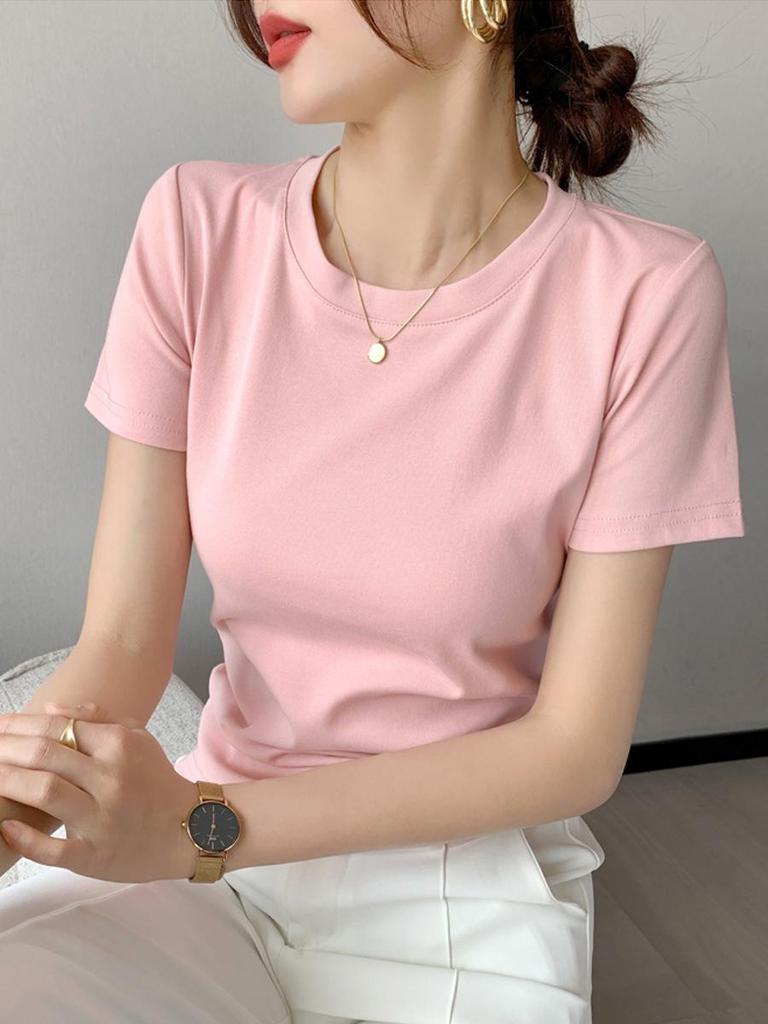 Women's Slim-Fit Pure White Cotton Round Neck Short-Sleeve T-Shirt for Spring/Summer