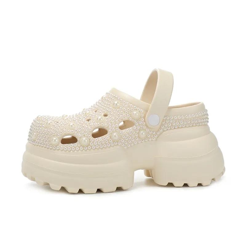 Fashion New Handmade Inlaid Pearl Thick Sole Middle Heel EVA Sandals  White Black Fashionable Women's Pearl Hollowed Out Beach Slippers