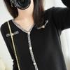Women Summer Knitted Sweater Thin V-neck Long Sleeve Pearl Beeding Outer Wear Bottoming Shirt Solid Color Black White