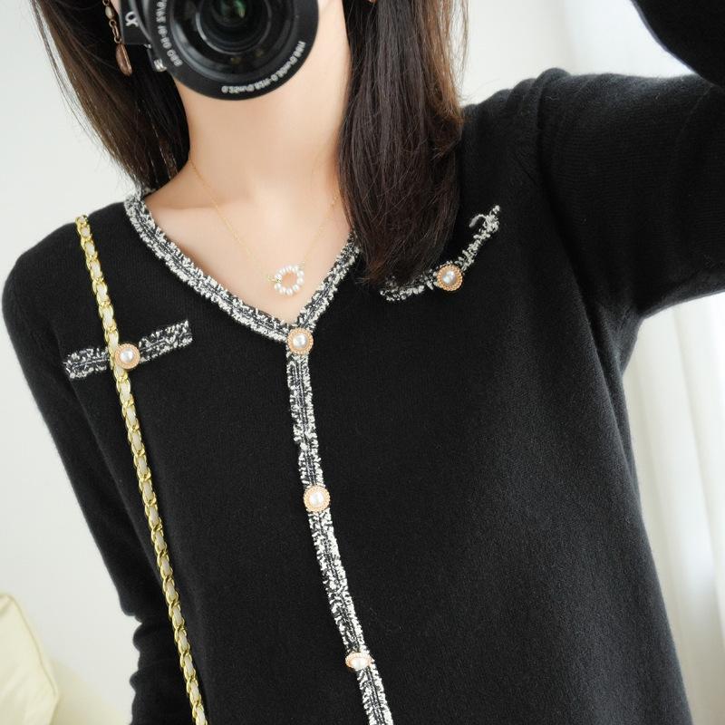 Women Summer Knitted Sweater Thin V-neck Long Sleeve Pearl Beeding Outer Wear Bottoming Shirt Solid Color Black White