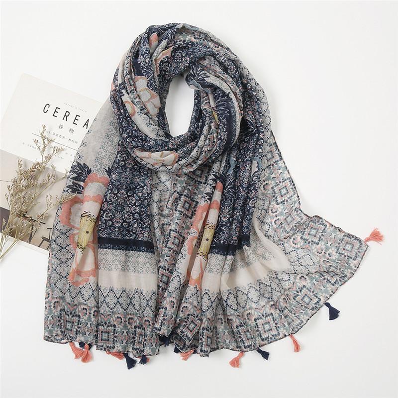 Women Autumn Spain Lovely Polka Floral Tassel Viscose Shawl High Quality Print Wrap Pashmina Stole Bufandas Muslim Hijab Snood