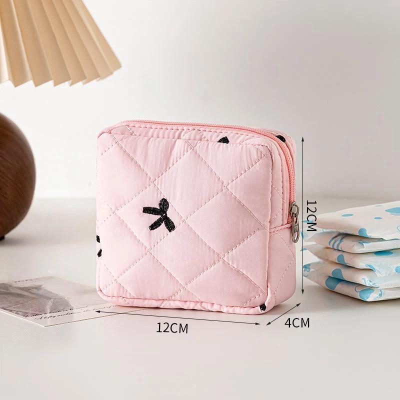 Mini Cosmetic Bag Lightweight Quilted Bow Embroidery Zipper Closure Portable Makeup Organizer for Vacation Travel Daily Use