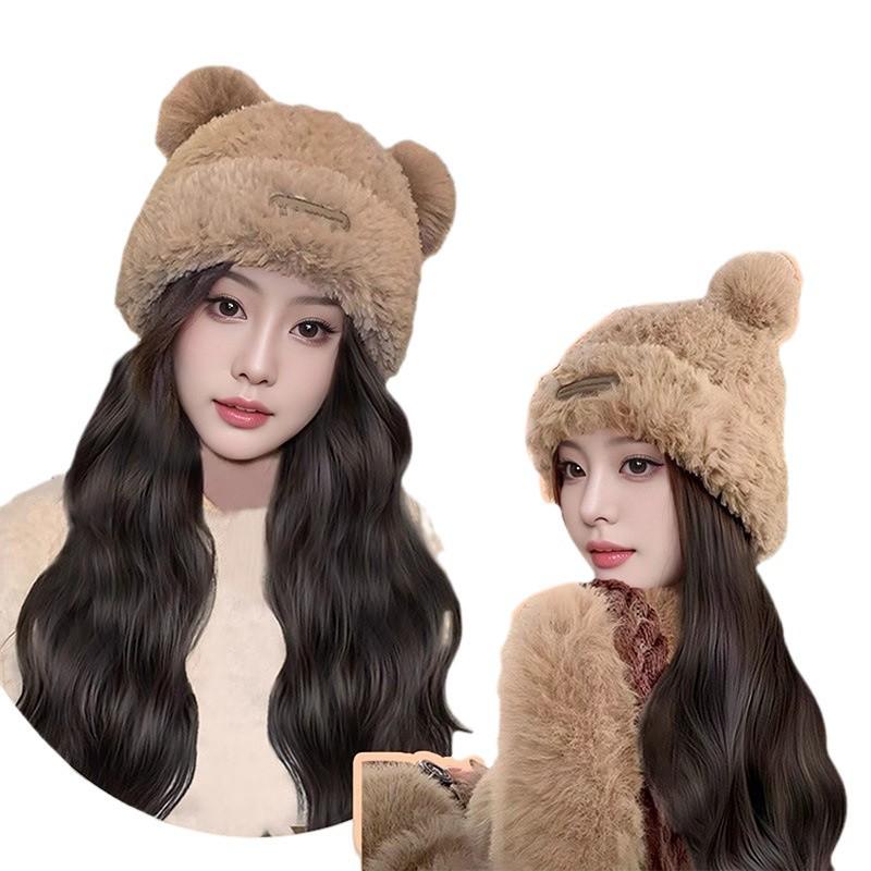 Damska odpinana czapka z misiem z długą kręconą peruką na jesień/zimę - ciepłe okrycie na całą głowę