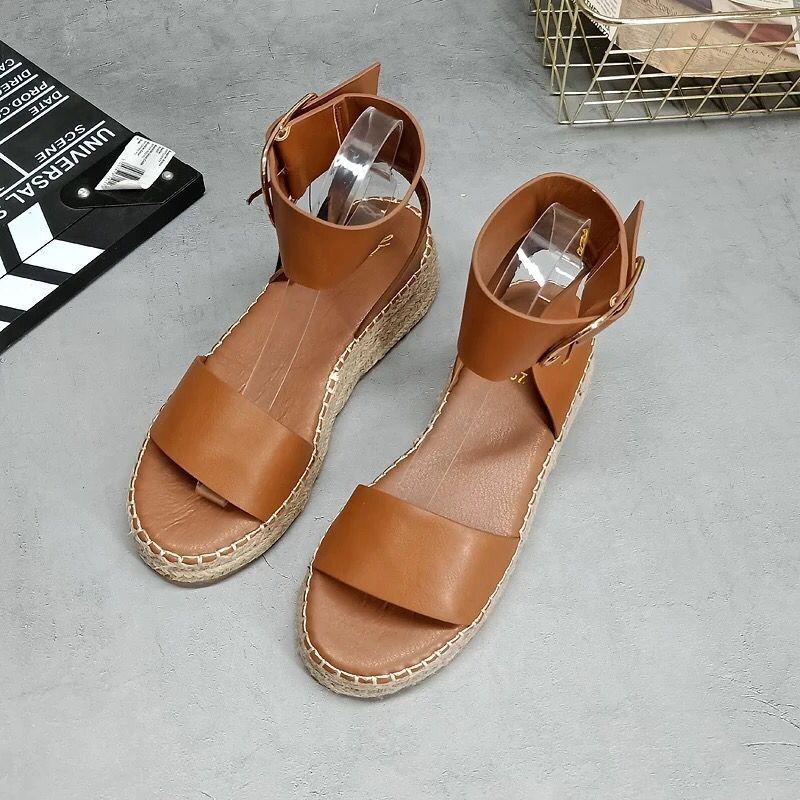 Summer new one-word wedge heel sandals women's flat-soled belt buckle hollow sandals large-size hemp rope-soled women's shoes