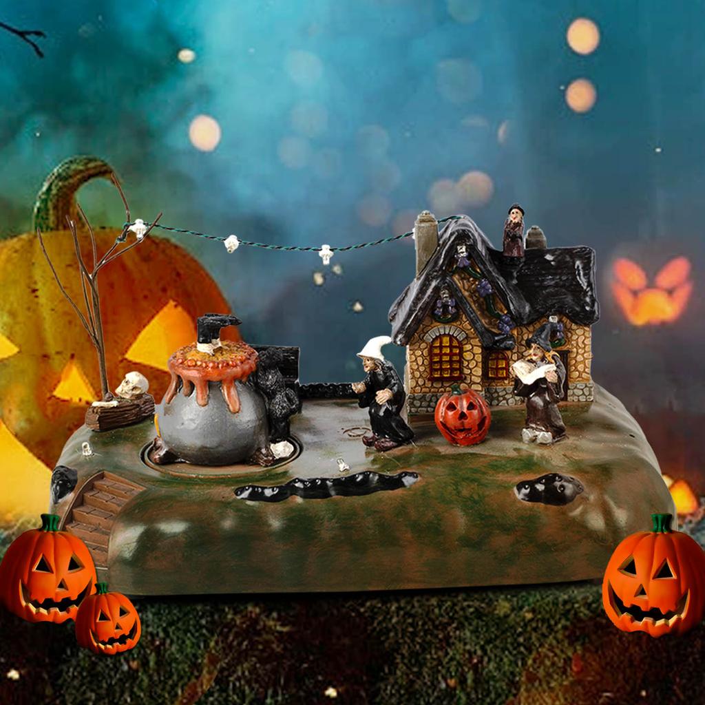 Halloween Dorf Hexe Kessel Blasen Figur mit beleuchtetem Haus Gruselige Stadt Innen Dekoration Zubehör für Feiertagsausstellung
