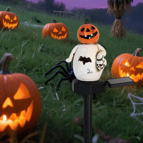 Solar Pumpkin Light Halloween Pathway Light Jack-O-Lantern Stake Outdoor Waterproof Skull Light with Stake for Yard Lawn Decoration