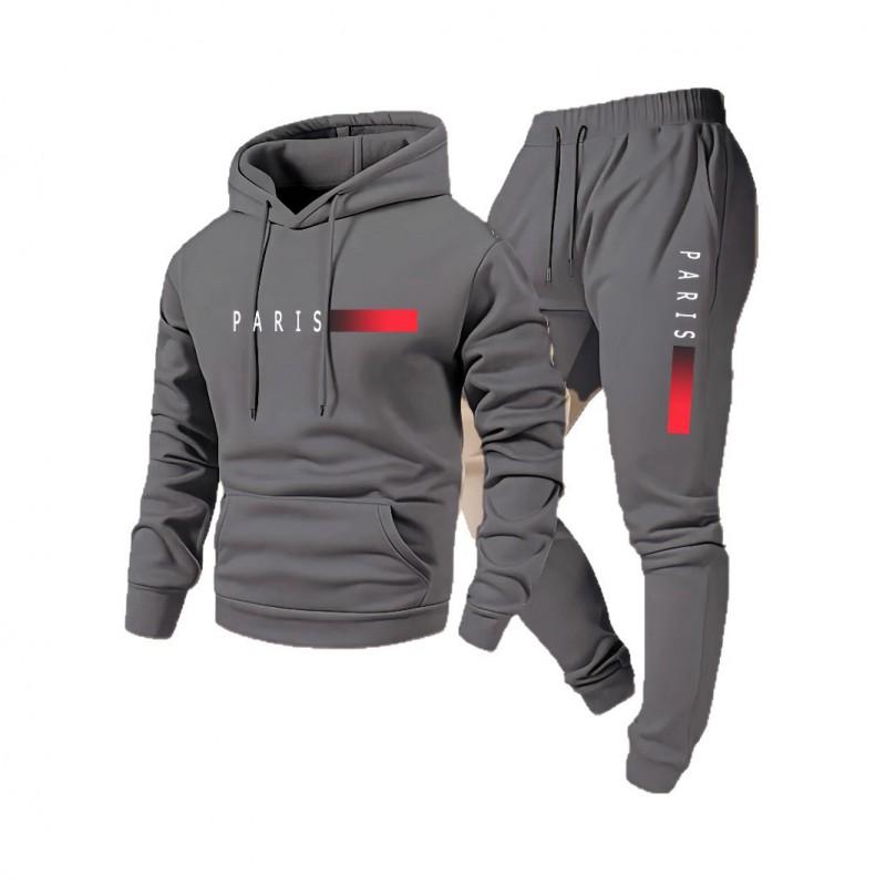 Unisex Paris Letter Print Hooded Sweatshirt Drawstring Jogger Set Winter Warm Casual Sportswear
