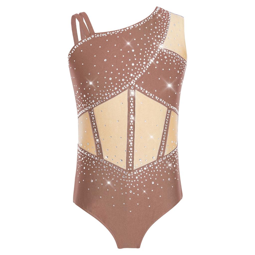 Meisjes Glanzende Strass Dans Leotard Mouwloos Asymmetrisch Kleurblok Bodysuit