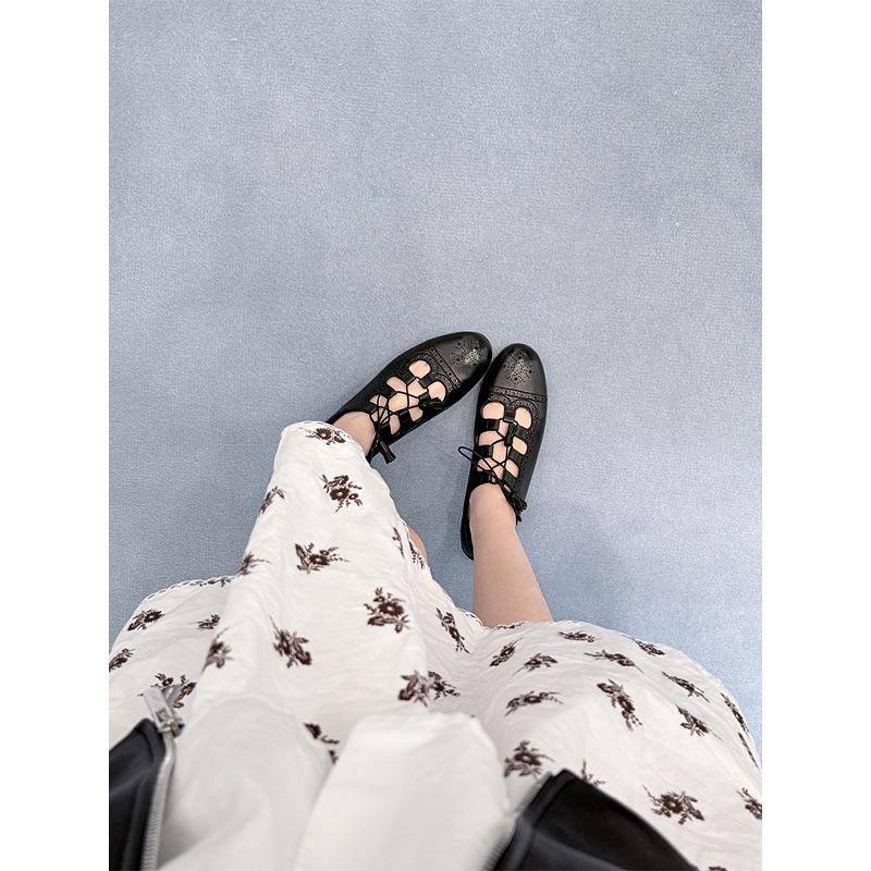 Sheepskin Su Yinyin Carved Hollow Strap Flat-bottomed Ballet Style Small Leather Shoes Women's Loafer Single Shoes Single Shoes