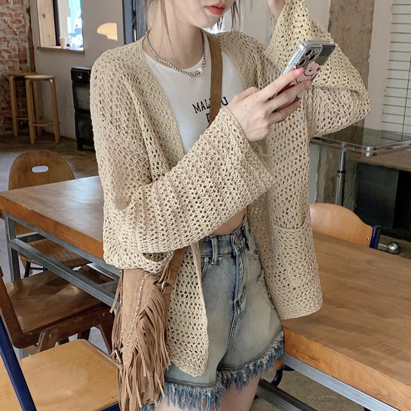 Hollow Out Sun Protection Knitted Cardigan for Women for Spring and Autumn Loose Knitted Top