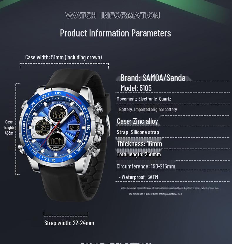 Sanda Dual Display Men's Multifunctional Sports Watch with Silicone Strap and Waterproof Feature