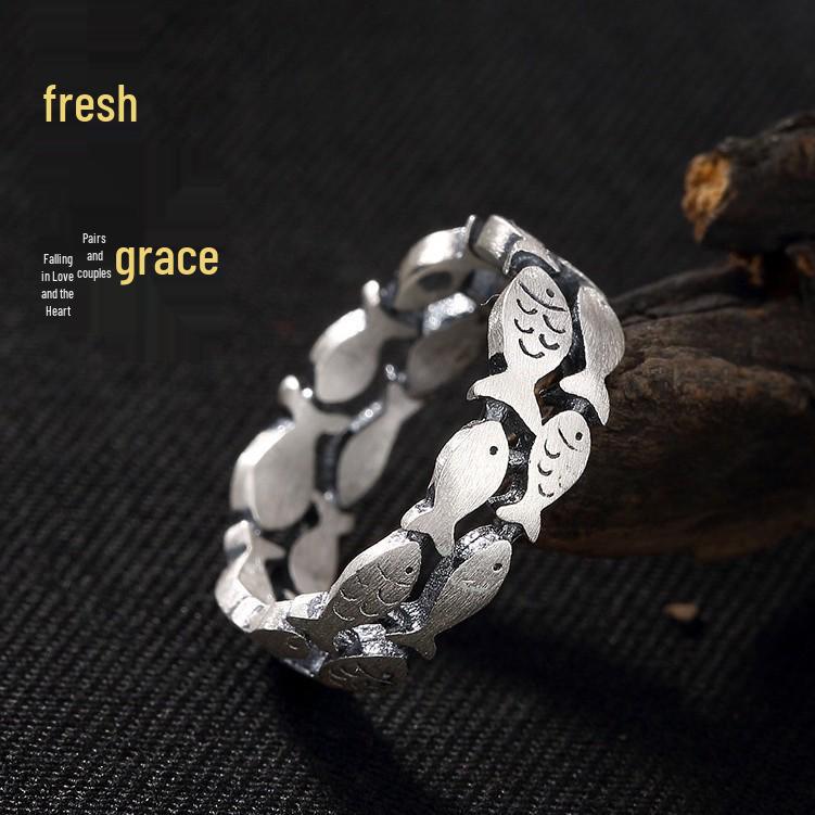 Yintai Fei Thai Abundance Silver Ring: Artistic Fish Motif, Single Loop Thin Band, Fresh and Simple Design