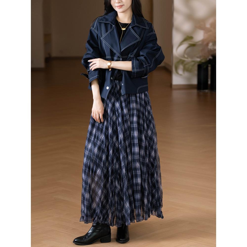 Dimanaf 2025 Autumn Women New Skirts Plaid Loose Elastic Waist Pleated Elegant Long Skirts Red