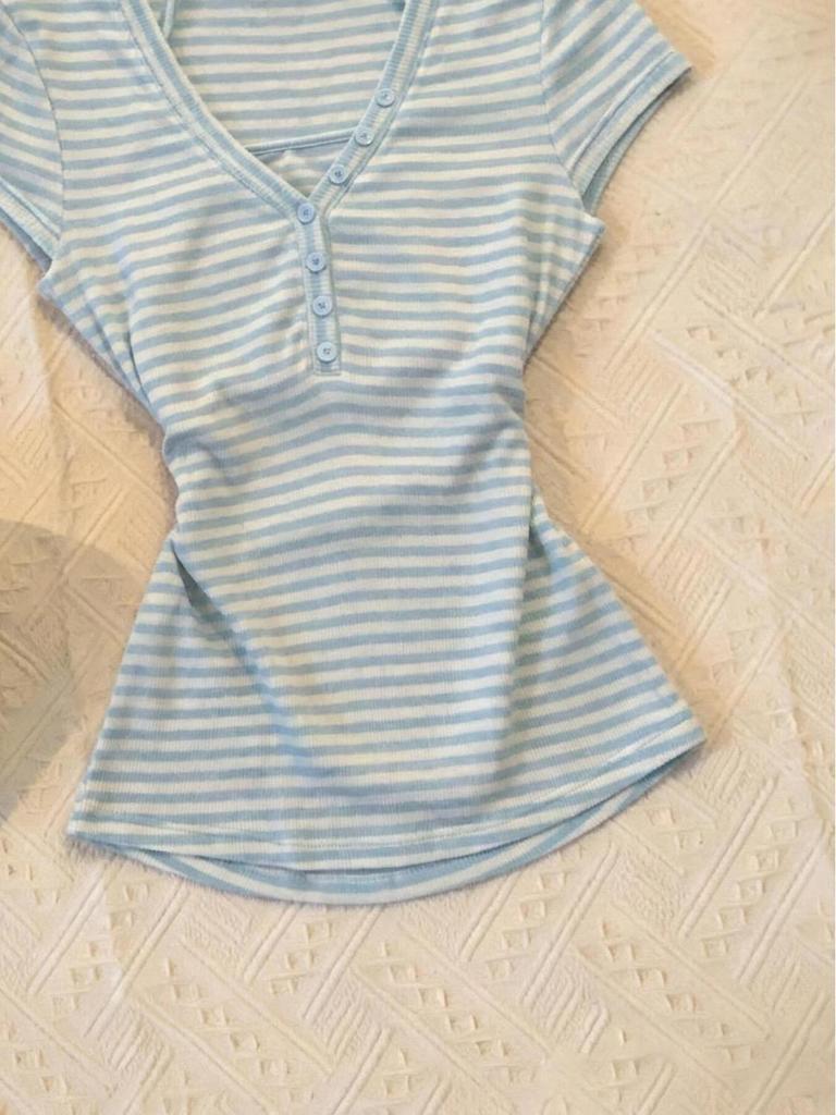 Retro Y2K Light Blue Striped Tie-Up Halter Camisole
