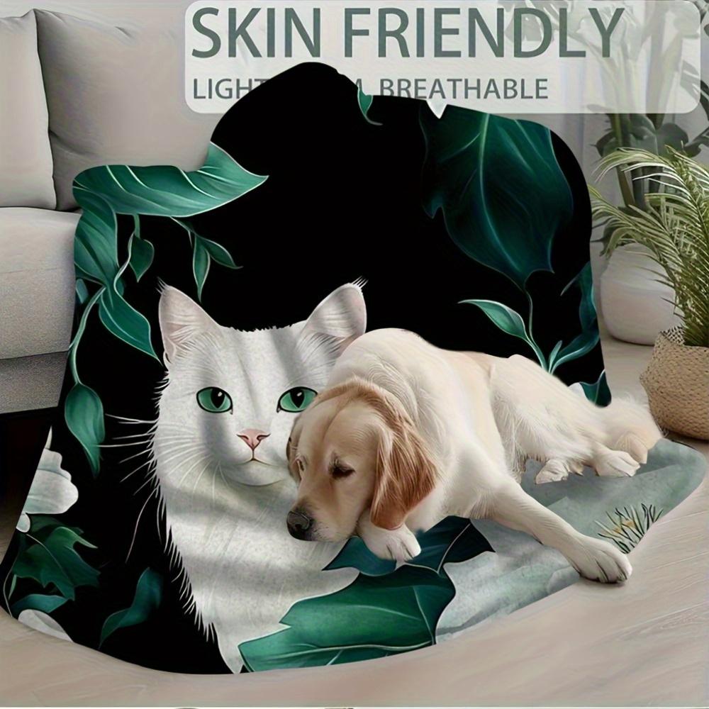 1pc Vintage Style Cat and Floral Print Soft Throw Blanket, 60x80inch, Seamless Pattern with White Cats and White Flowers,