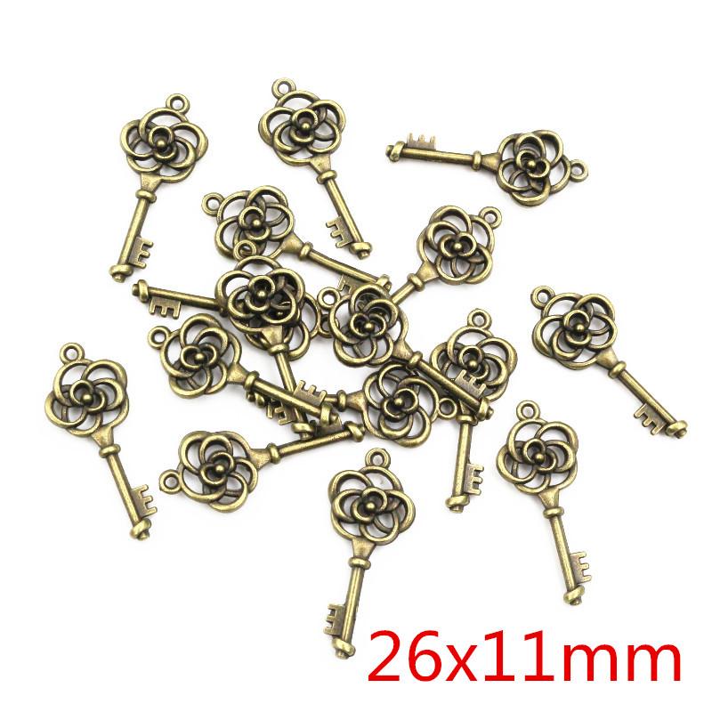 40pcs Key Charms Pendants Antique Bronze plated  Metal Retro Slower Heart Keys Charm DIY Jewelry Making Accessories Necklace