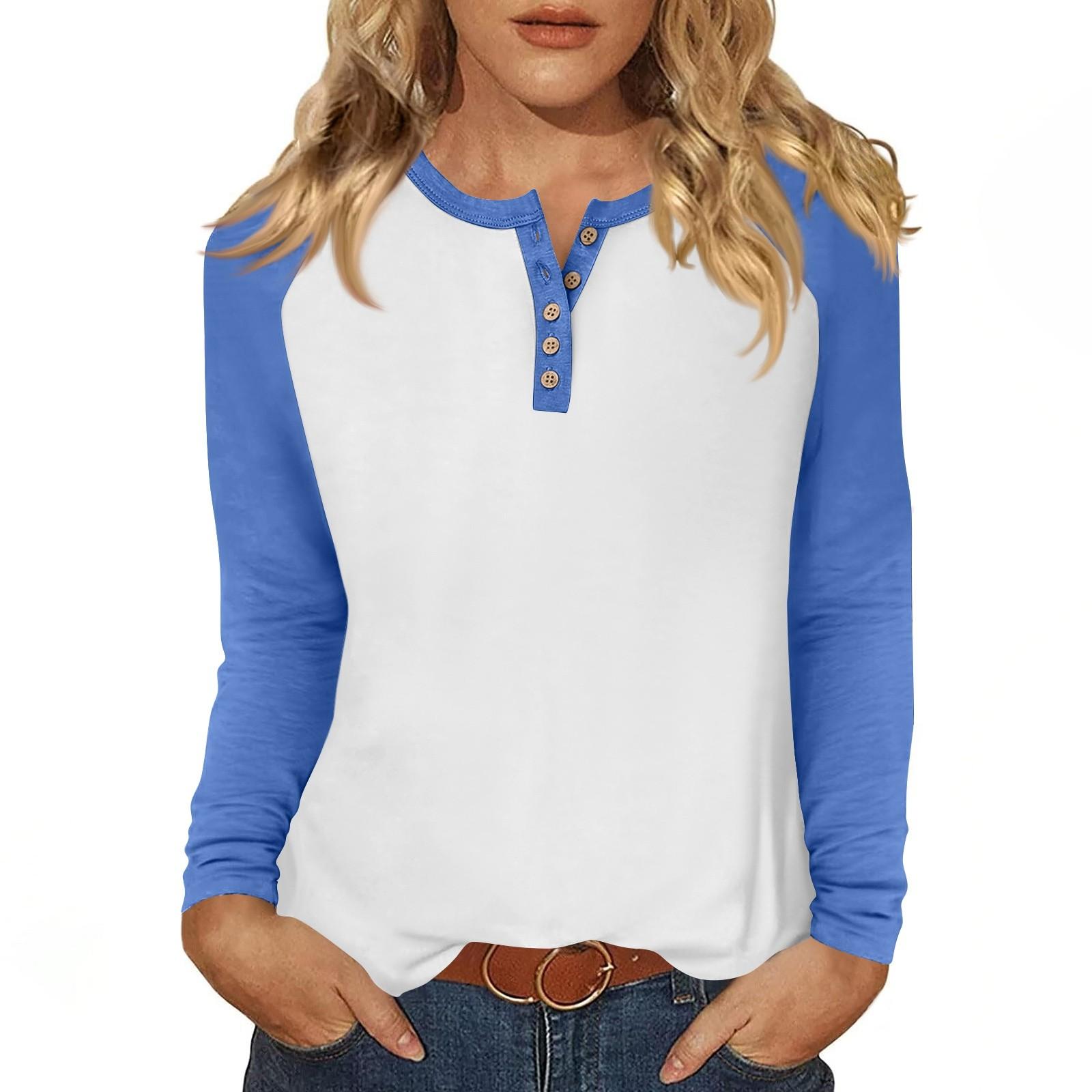 

Женская футболка с принтом, длинный рукав, повседневная мода, базовая, круглый вырез, пуговицы, рукав реглан, топ M синий