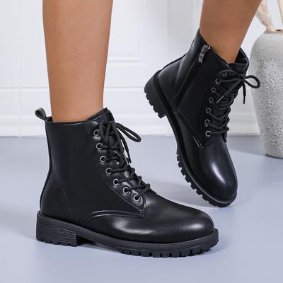 Fashion 2024 PU Leather Black Ankle Boots for Women Fashion Low Heels Antumu Winter Shoes Woman Zipper Lace Up Short Booties Plus Size