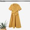 ZANZEA Women Casual Turn Down Collar Solid Color Summer Short Sleeve Dress