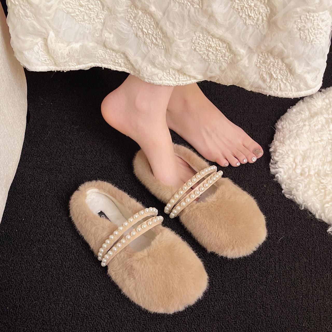 

Xiaoxiangfeng pearl Mao Mao shoes women s autumn and winter 2025 new flat-bottomed slippers snow cotton ladyshoes popular versatile outer wear 40 хаки