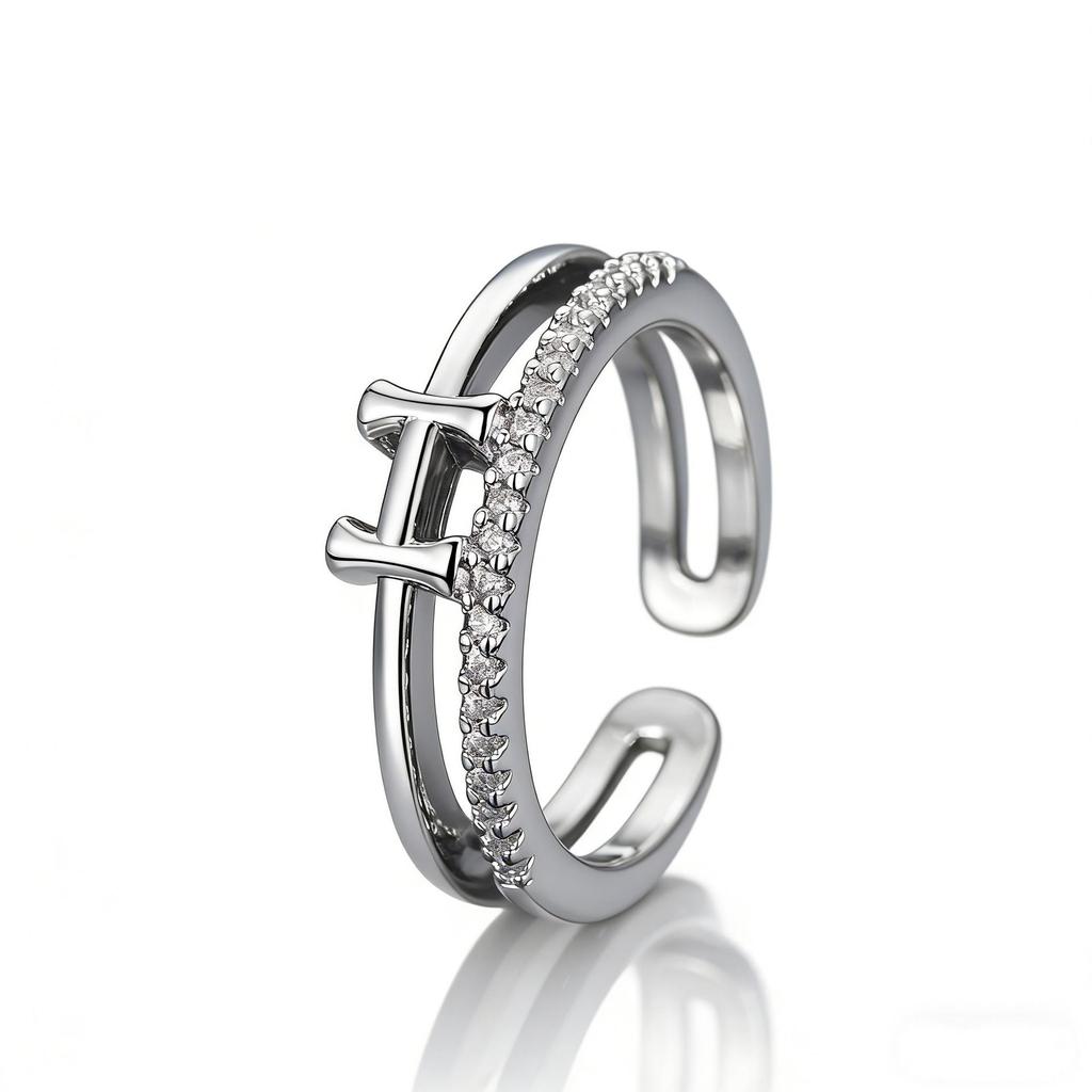 Korean Style Women's Double-Layer H Ring with Full Diamond Inlay - Elegant & Luxurious