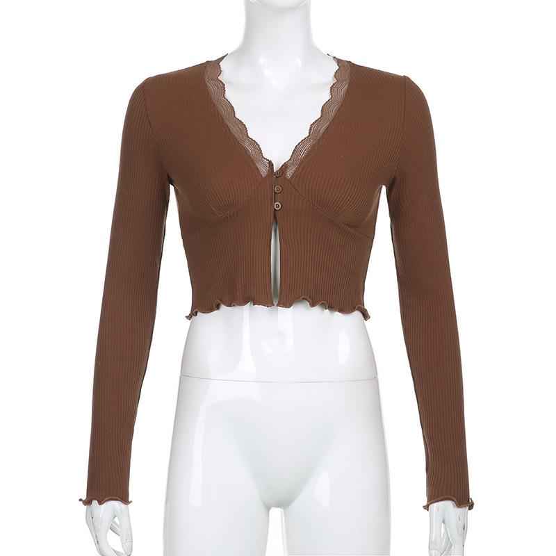 Cárdigan de punto de canalé con encaje de color sólido estilo europeo y americano con borde de oreja de madera y camiseta de manga larga para top casual de mujer con cuello en V